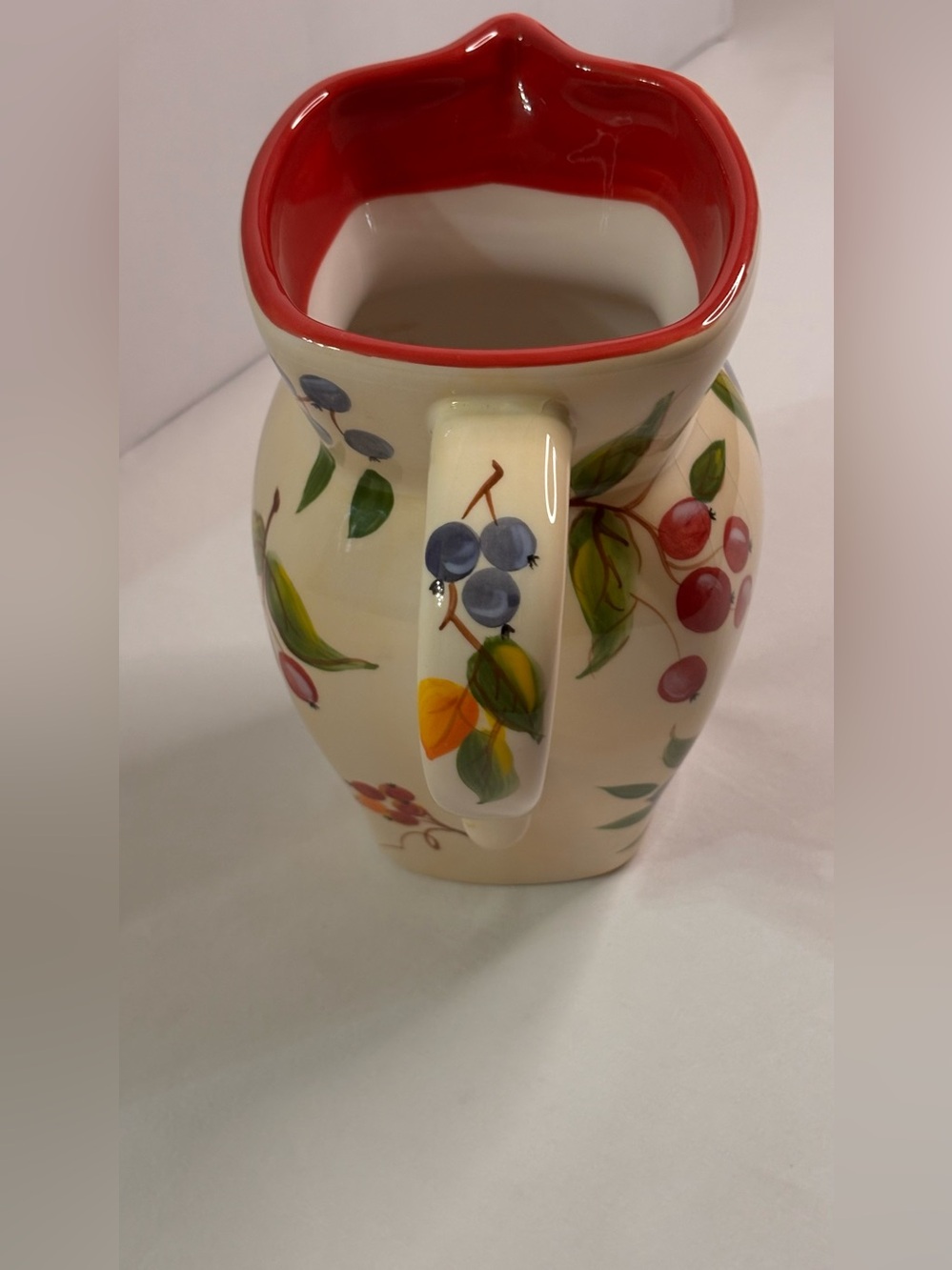 Hand-Painted Ceramic Fruit Pitcher - Cream Exterior with Red Interior - Picture 2 of 10